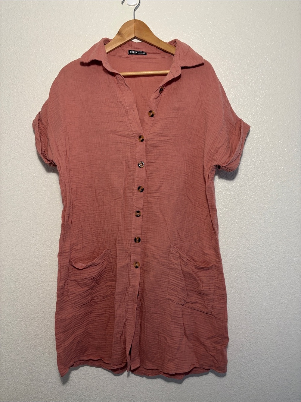 SHEIN Salmon 100% Cotton Gauzy Button Down T Shirt Dress Casual Size Medium